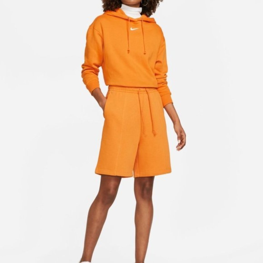 Nike Sportswear Women's Fleece Drawstring High Rise Shorts in Light Curry Color - Picture 4 of 7
